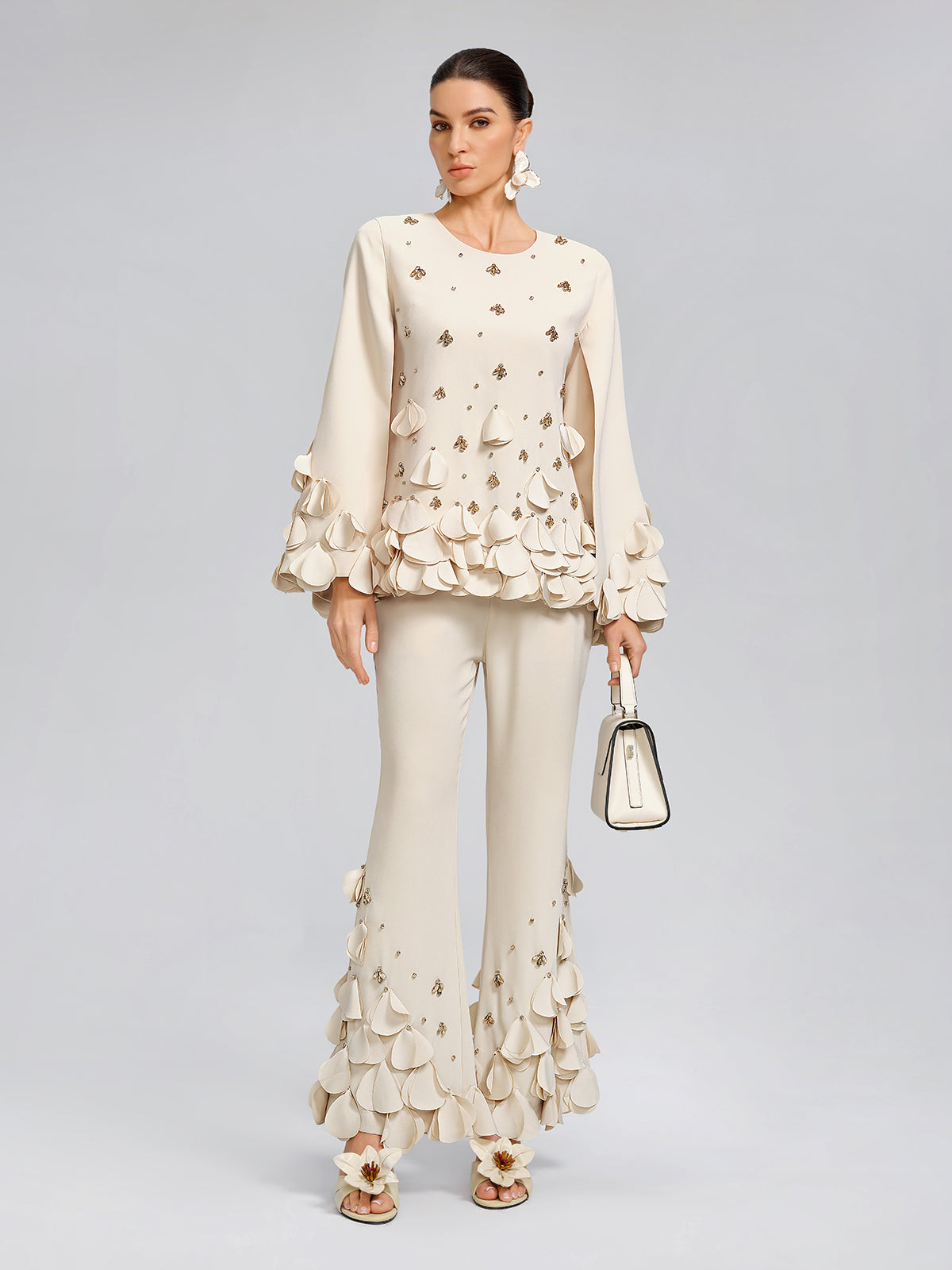 Hand-Sewn Beaded Sculptural Floral Trousers