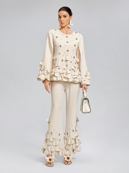 Hand-Sewn Beaded Sculptural Floral Trousers