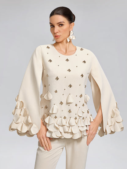 Hand-Sewn Beaded Sculptural Floral Top