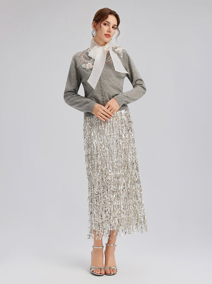 Wool Knit Beaded Cardigan (100% Wool)