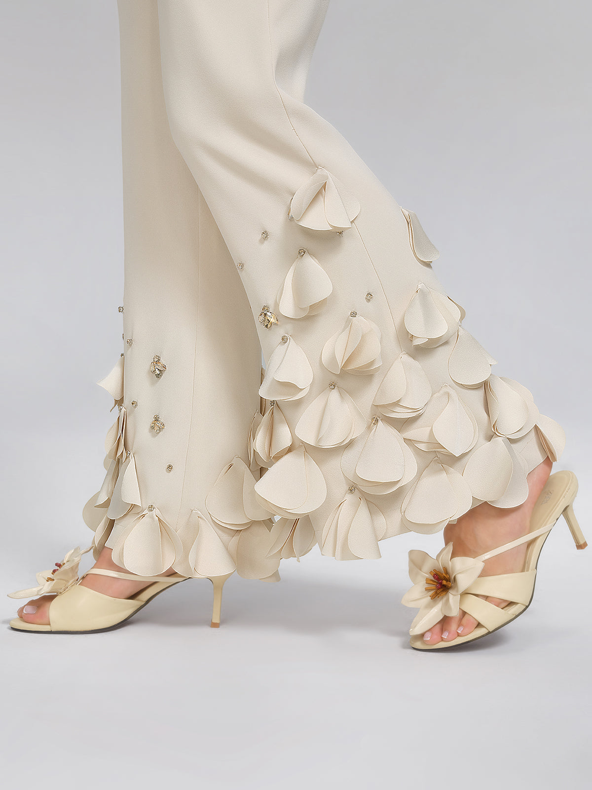 Hand-Sewn Beaded Sculptural Floral Trousers