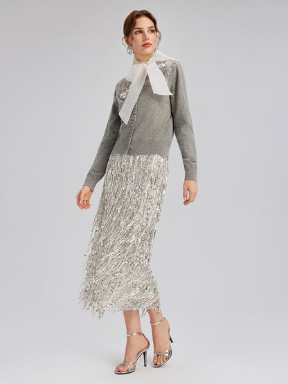 Tassel Sequin Midi Skirt