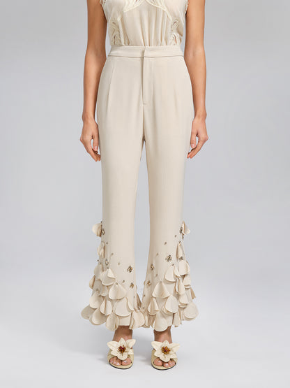 Hand-Sewn Beaded Sculptural Floral Trousers