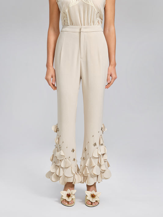 Hand-Sewn Beaded Sculptural Floral Trousers