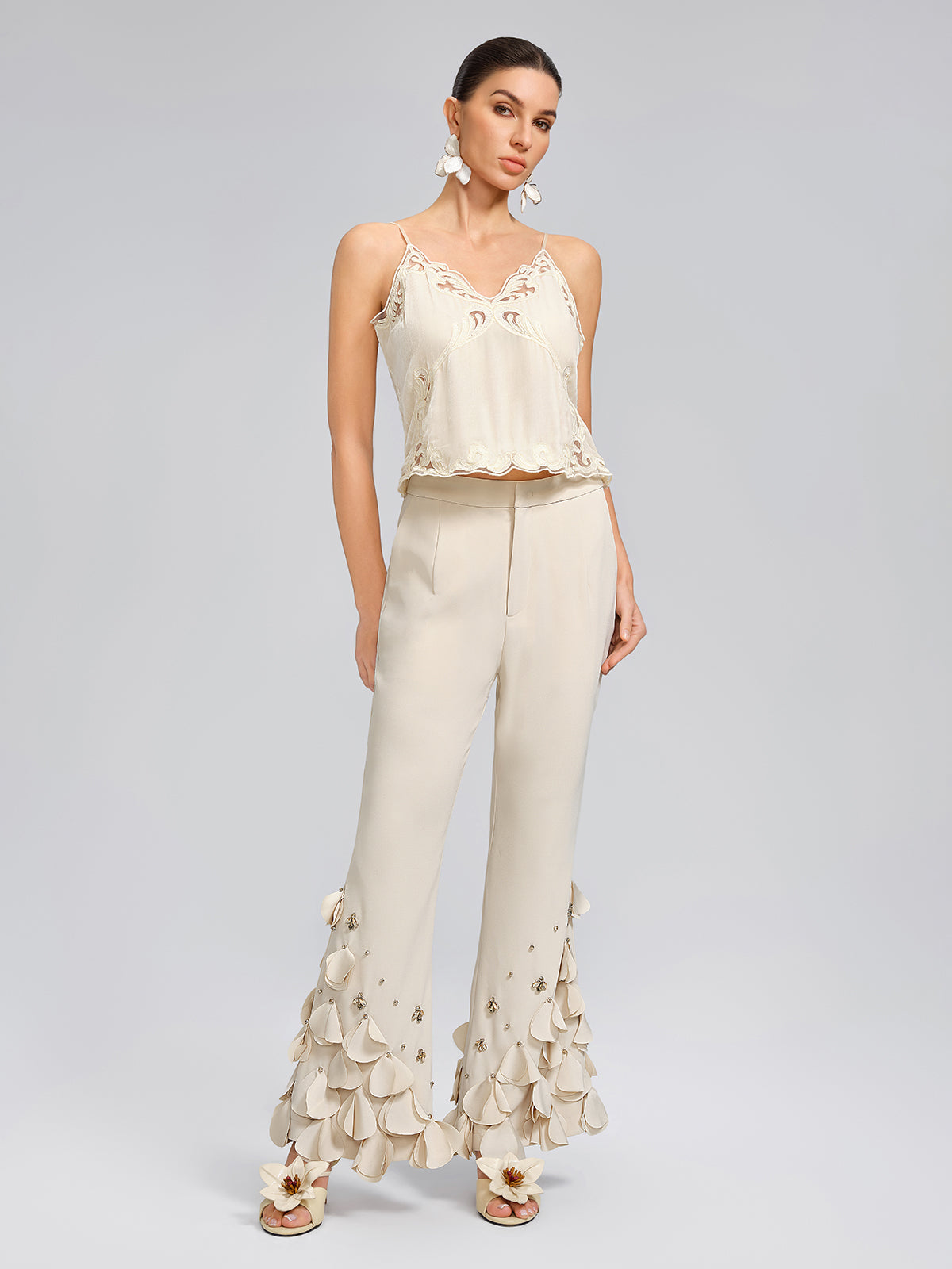 Hand-Sewn Beaded Sculptural Floral Trousers