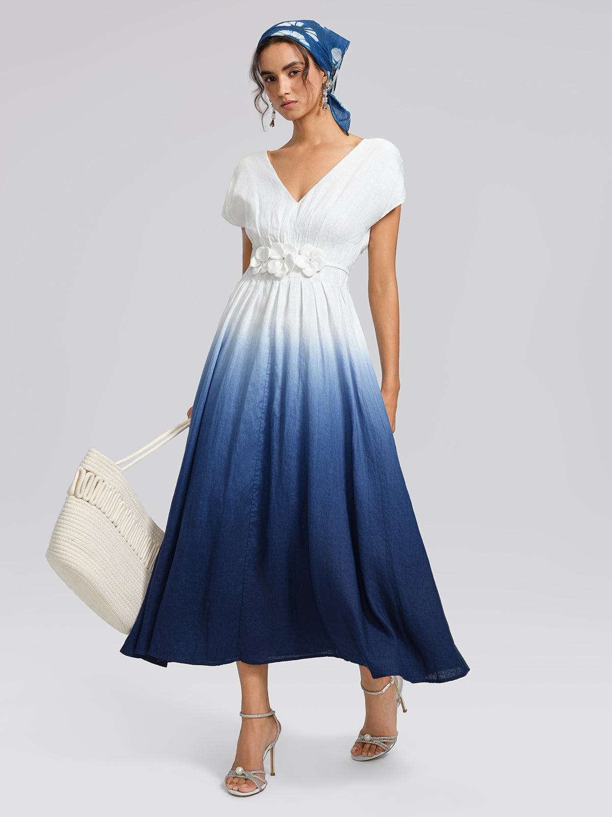 Linen Tie-Dye Resort Maxi Dress (3D Floral Waist Rope Included)