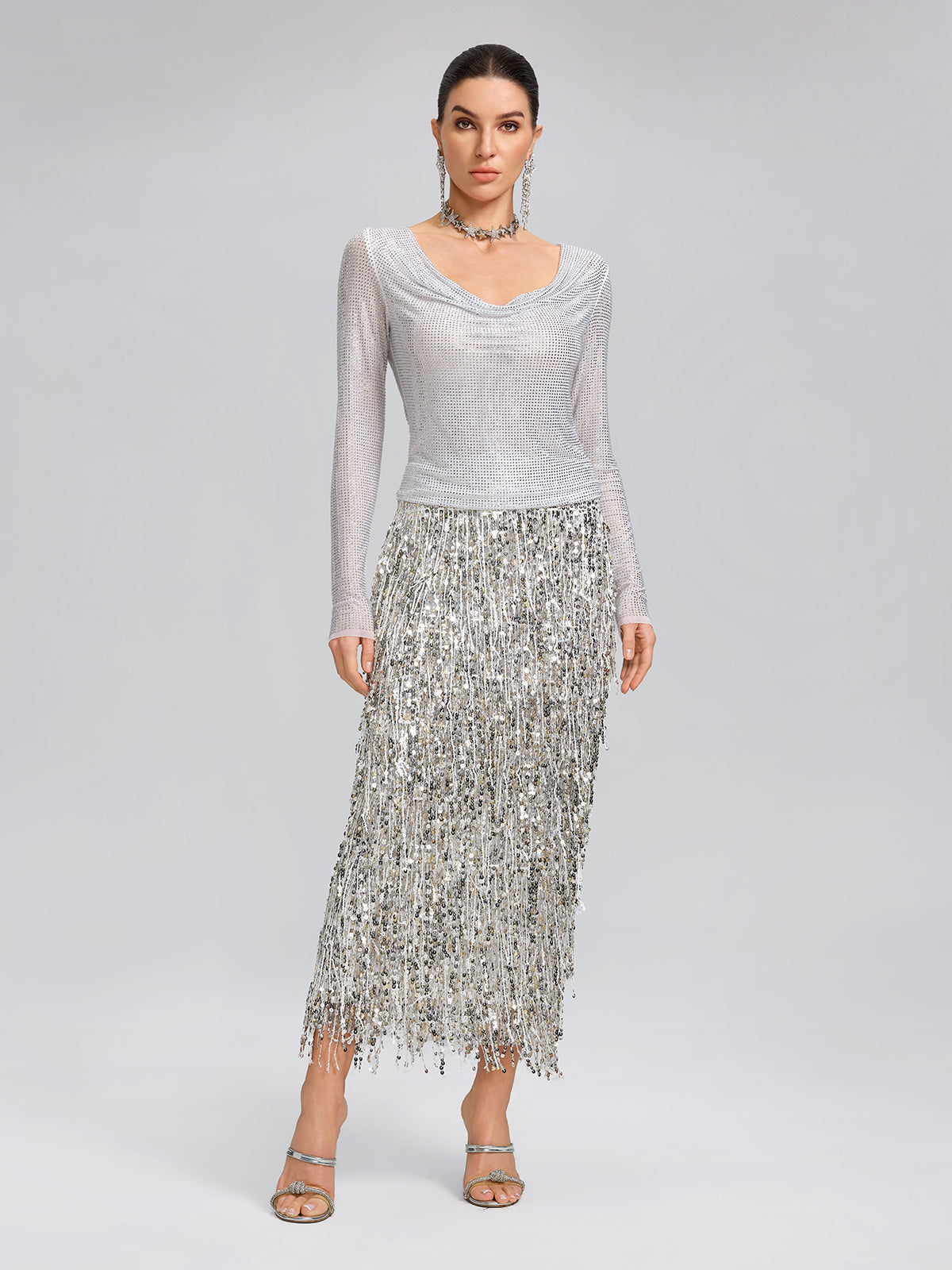 Rhinestone Draped-Neck Stretch Top