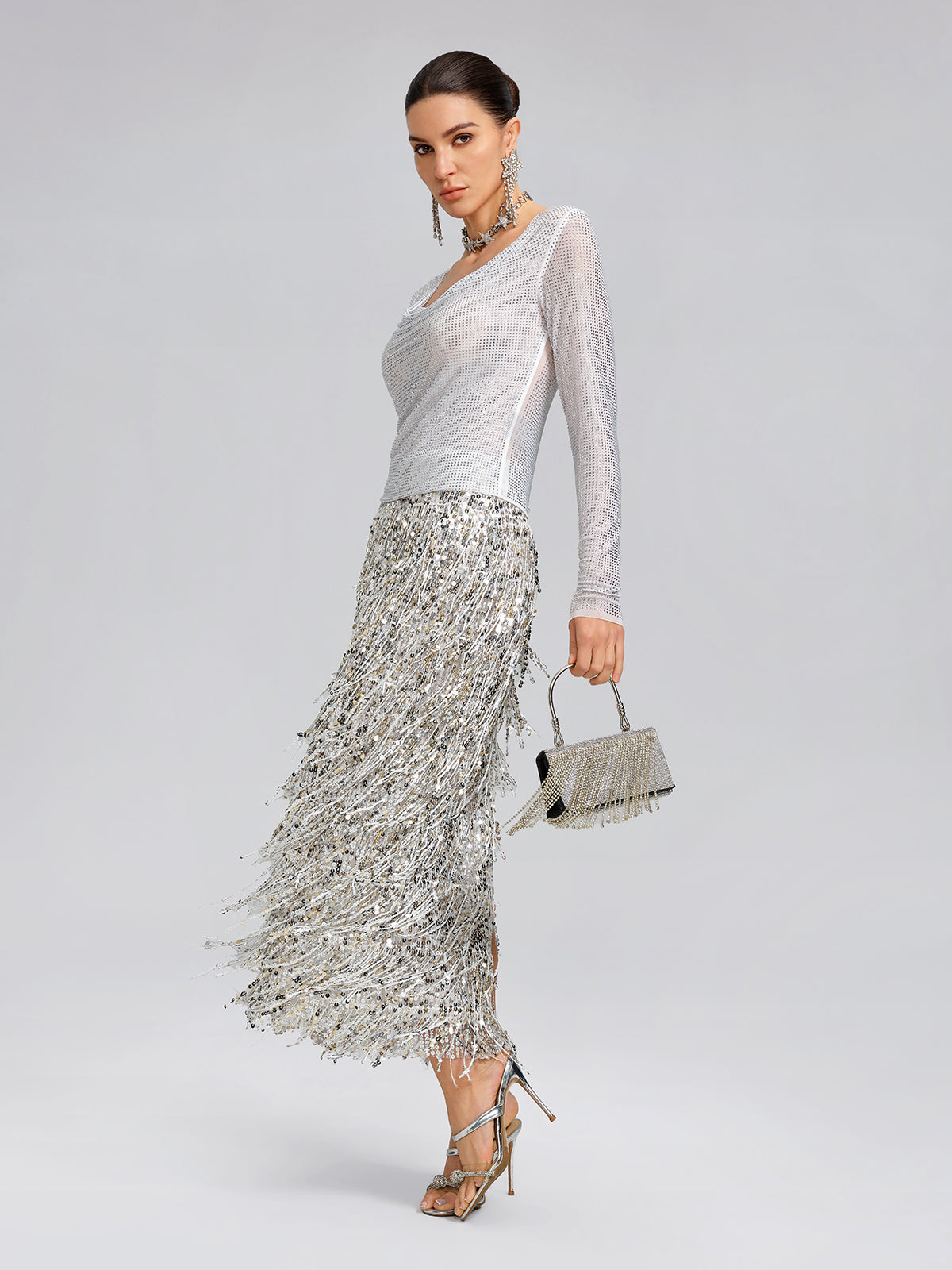 Rhinestone Draped-Neck Stretch Top