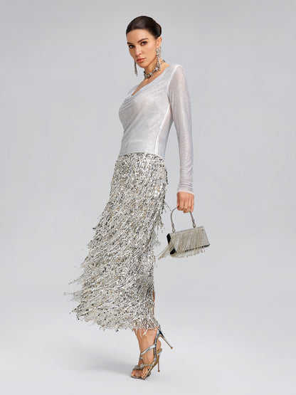 Rhinestone Draped-Neck Stretch Top