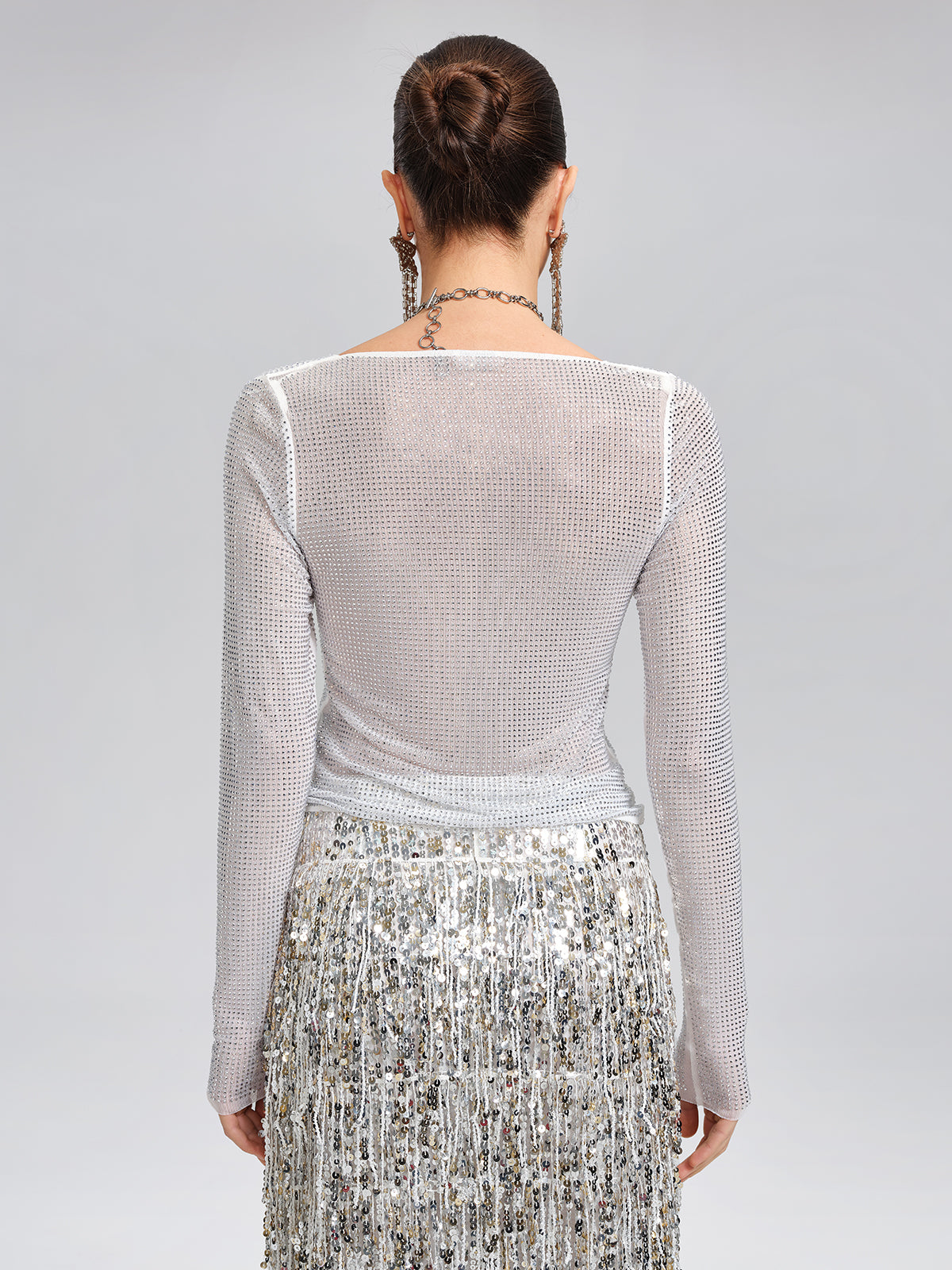 Rhinestone Draped-Neck Stretch Top
