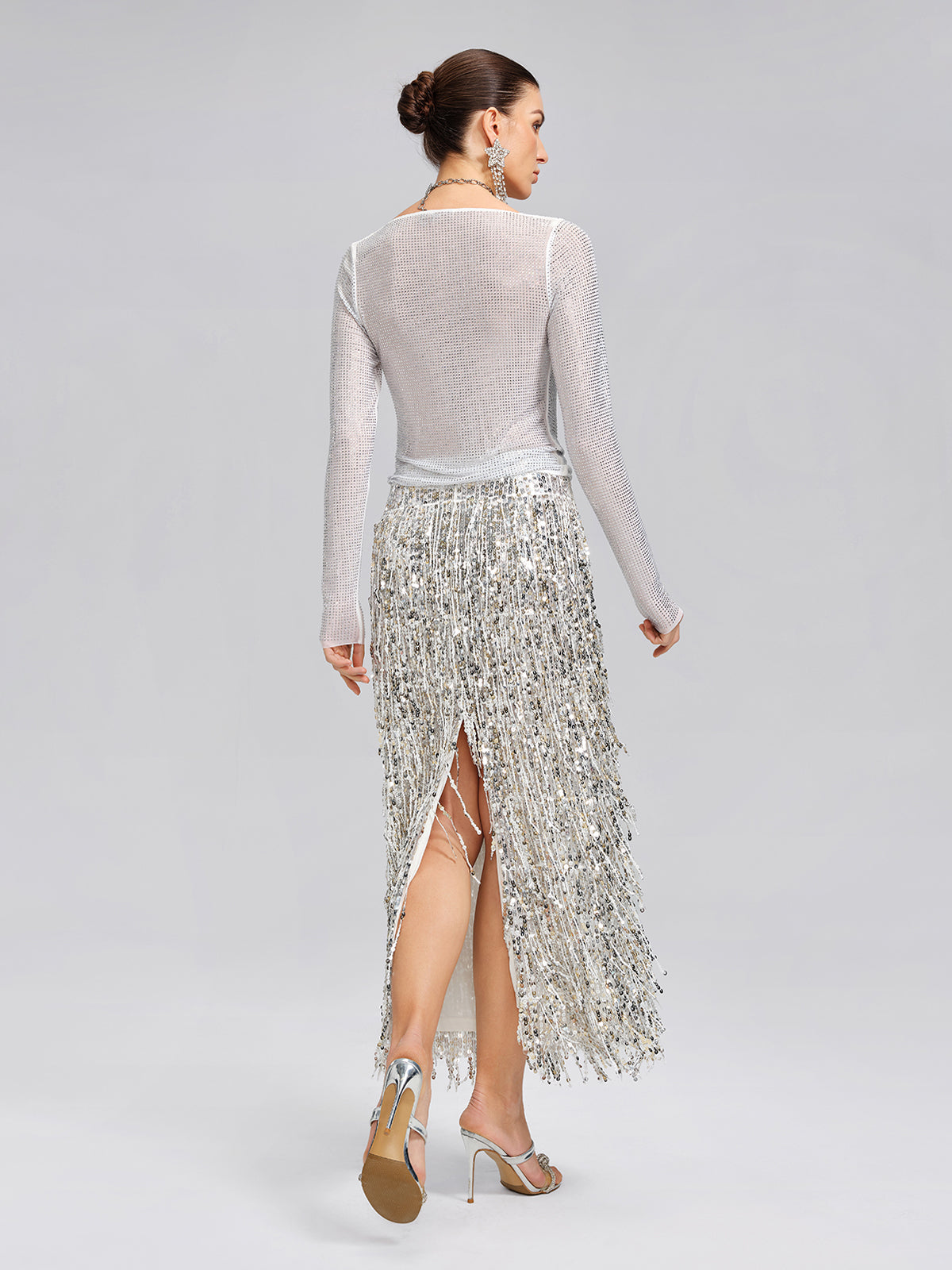 Rhinestone Draped-Neck Stretch Top