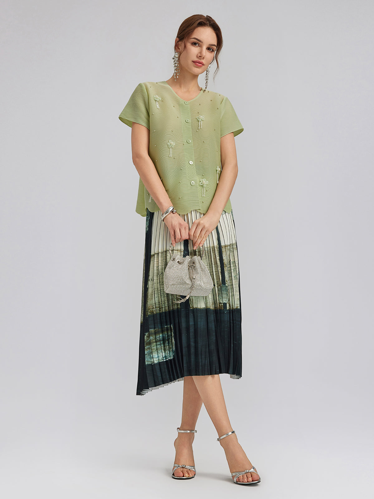 Tassel Floral Pleats Beading V-Neck Top