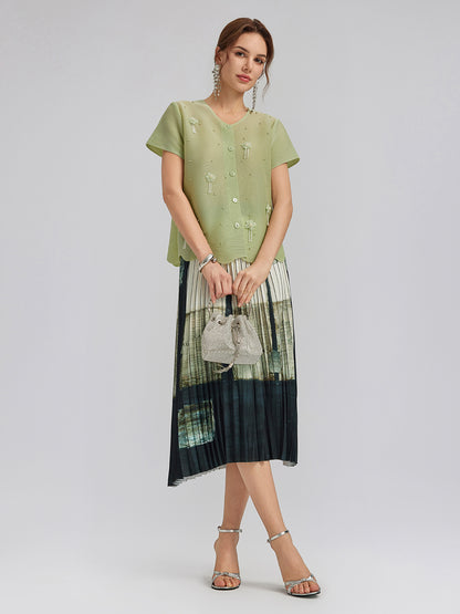 Tassel Floral Pleats Beading V-Neck Top