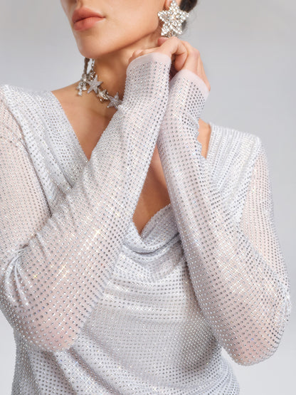 Rhinestone Draped-Neck Stretch Top