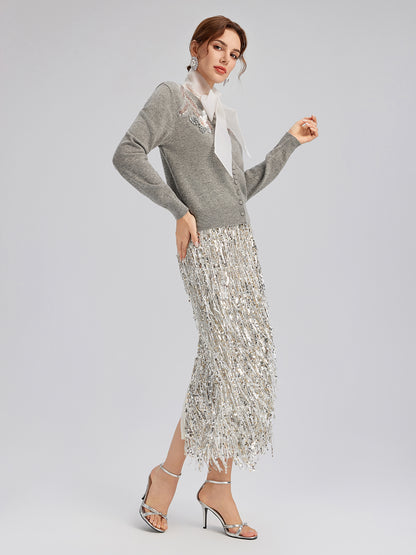 Wool Knit Beaded Cardigan (100% Wool)