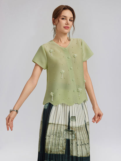 Tassel Floral Pleats Beading V-Neck Top