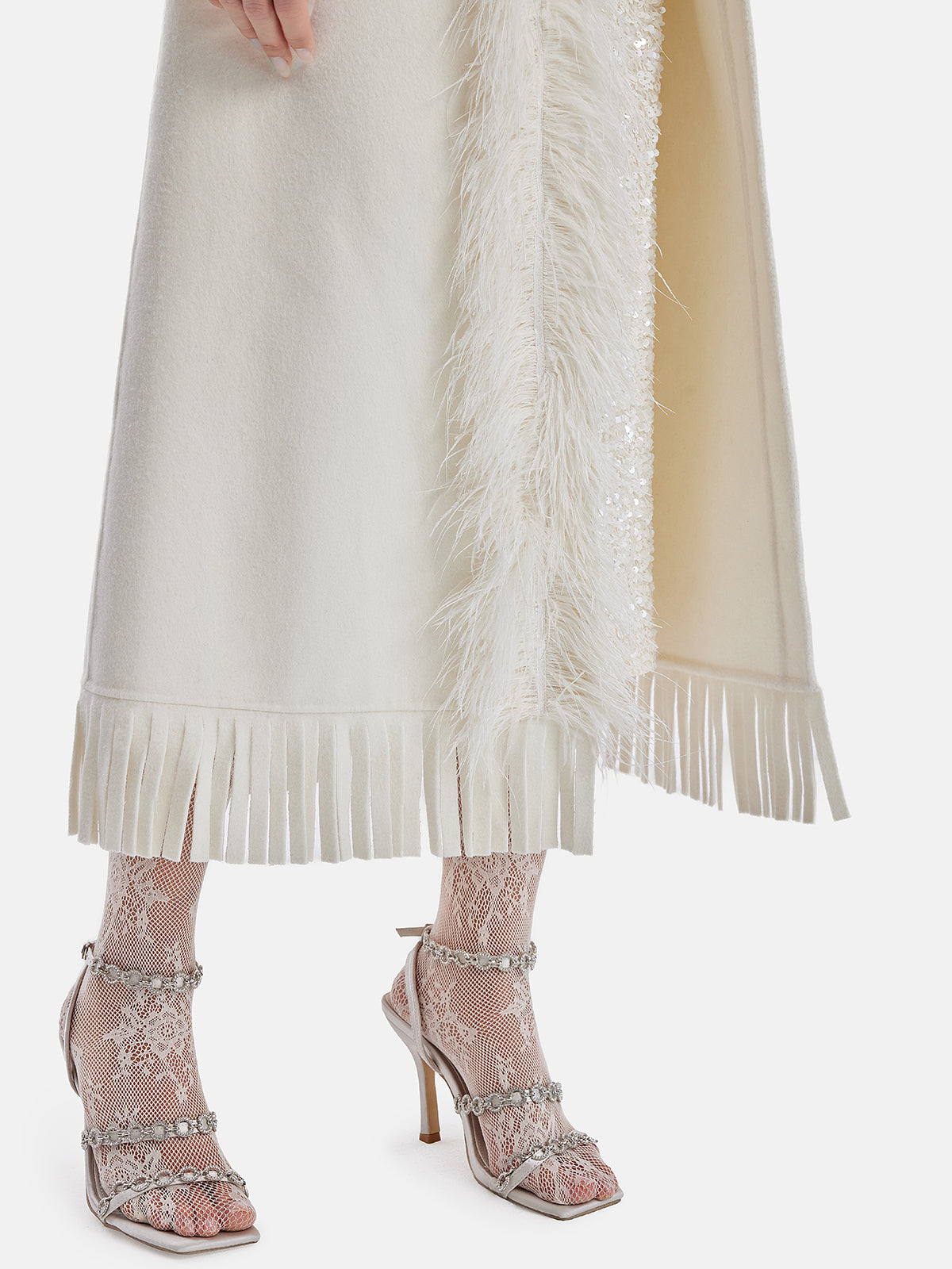 Feather-Trimmed With Fringed Hem Coat