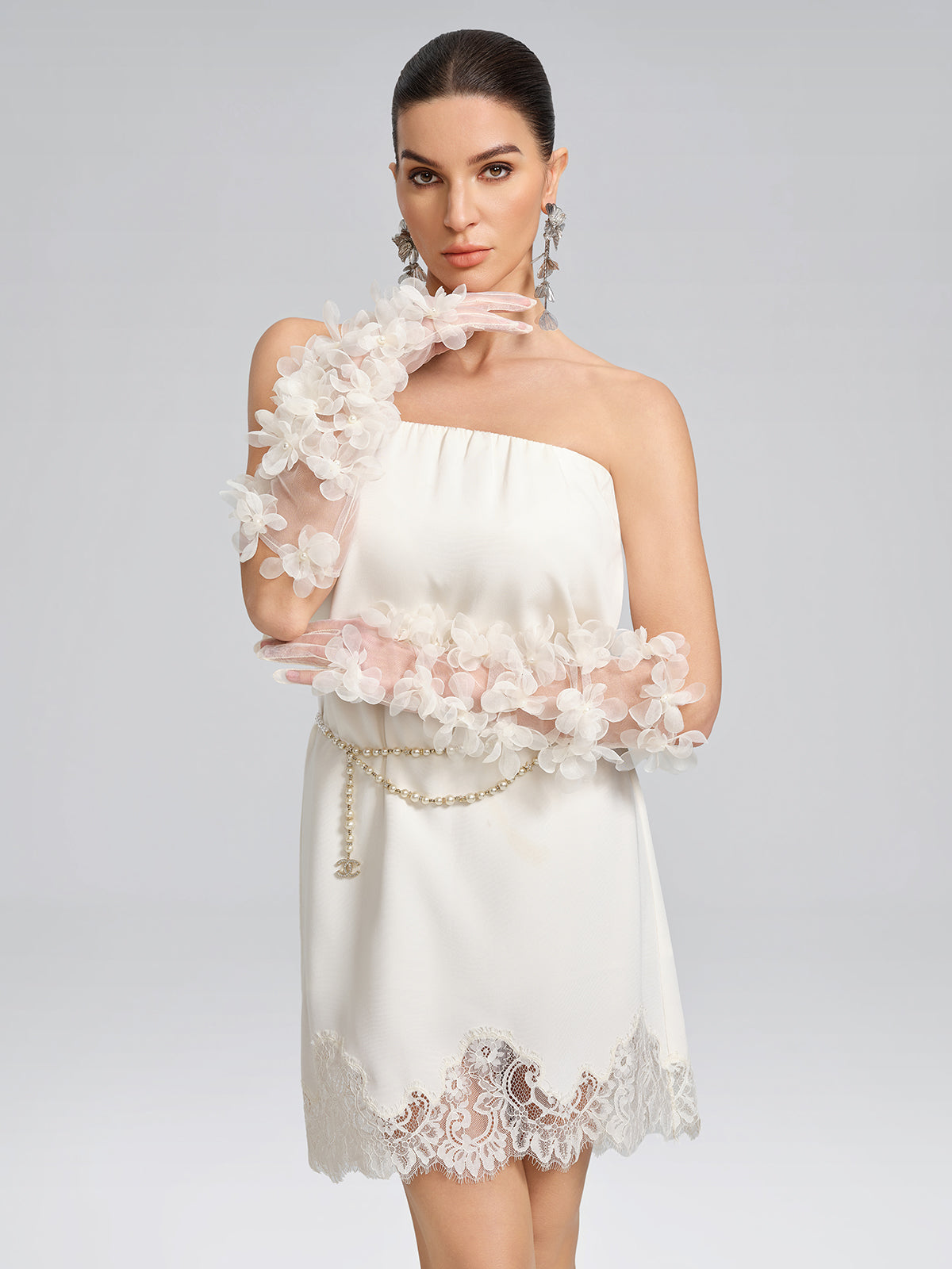 Sheer Floral Tulle Long Gloves