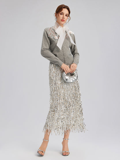 Wool Knit Beaded Cardigan (100% Wool)