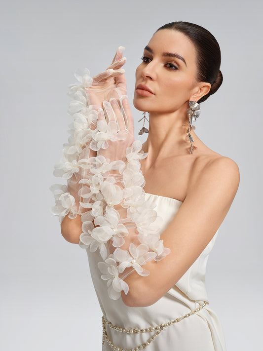 Sheer Floral Tulle Long Gloves