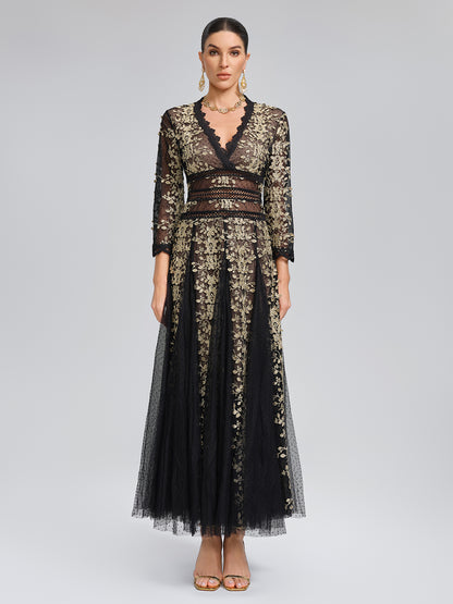 Gilded Embroidered Black Tulle Dress