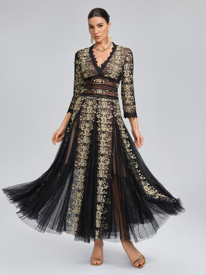 Gilded Embroidered Black Tulle Dress