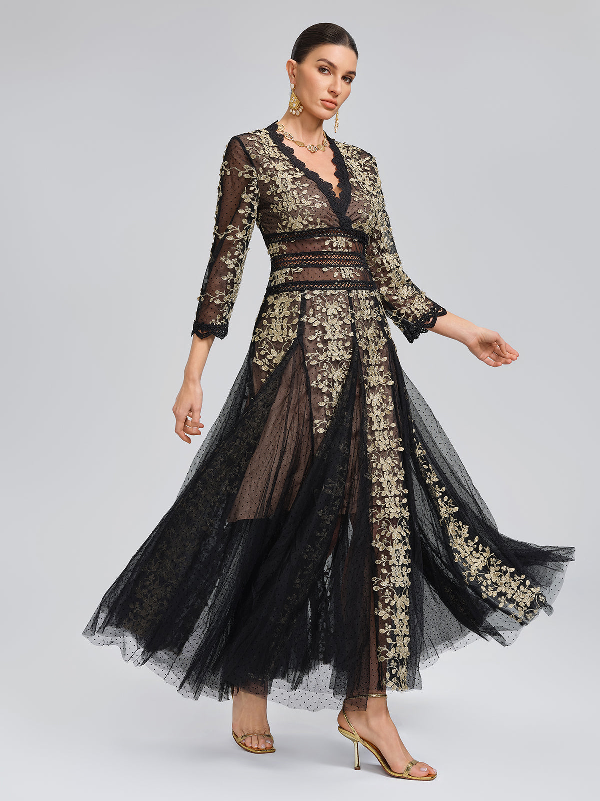 Gilded Embroidered Black Tulle Dress