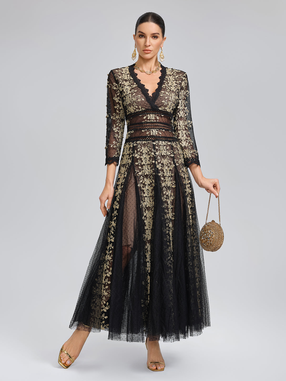 Gilded Embroidered Black Tulle Dress