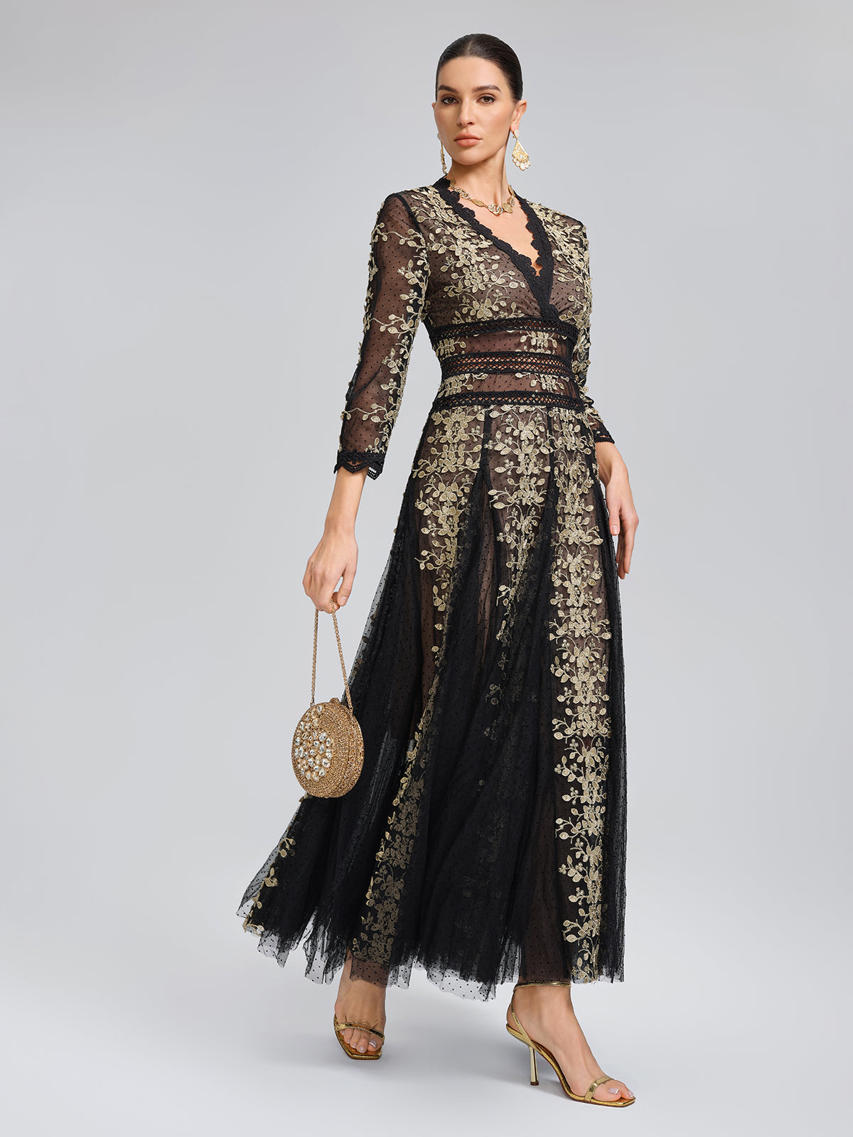 Gilded Embroidered Black Tulle Dress