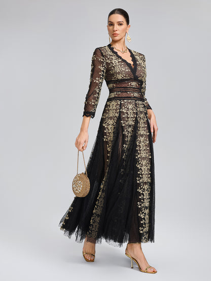 Gilded Embroidered Black Tulle Dress