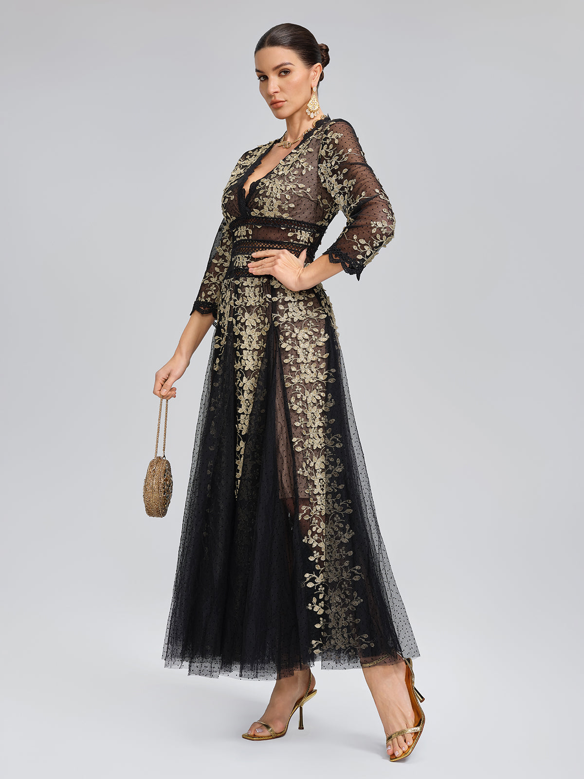 Gilded Embroidered Black Tulle Dress