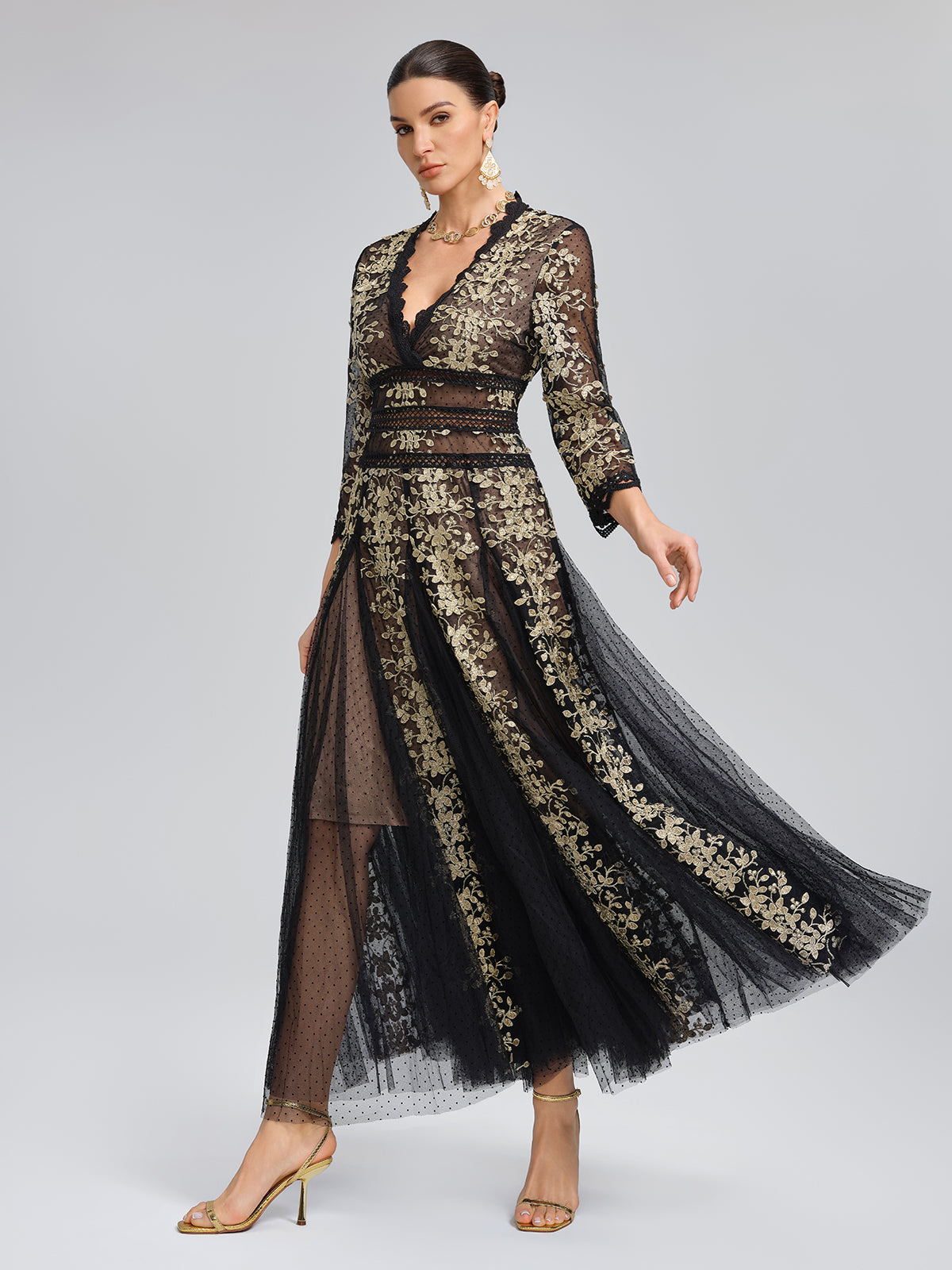 Gilded Embroidered Black Tulle Dress