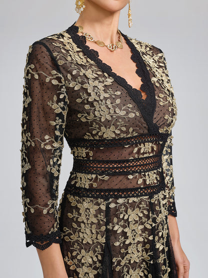 Gilded Embroidered Black Tulle Dress