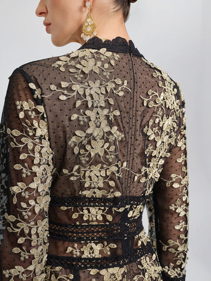 Gilded Embroidered Black Tulle Dress
