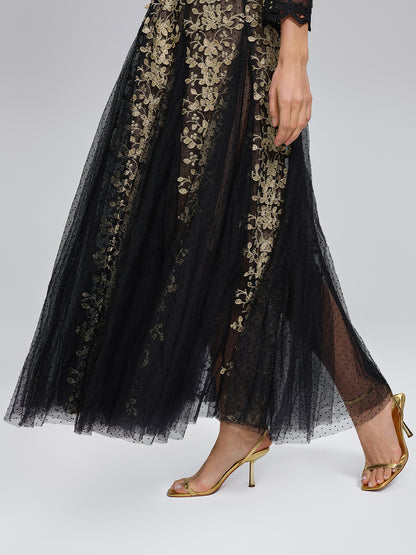 Gilded Embroidered Black Tulle Dress