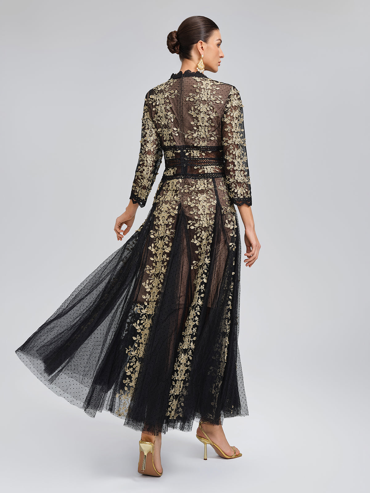 Gilded Embroidered Black Tulle Dress
