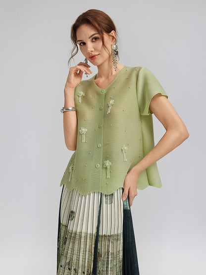 Tassel Floral Pleats Beading V-Neck Top