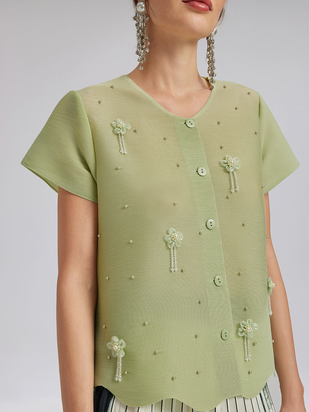 Tassel Floral Pleats Beading V-Neck Top