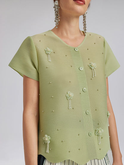 Tassel Floral Pleats Beading V-Neck Top