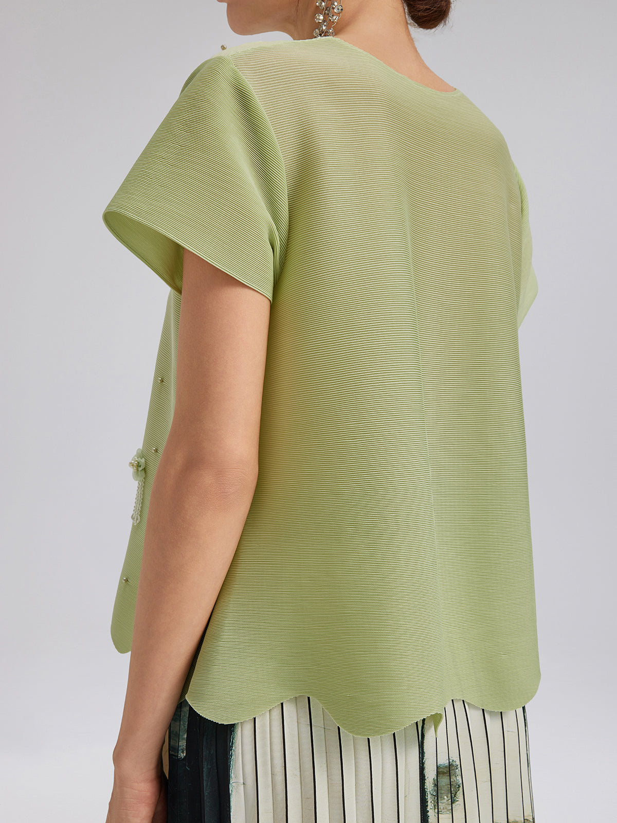 Tassel Floral Pleats Beading V-Neck Top