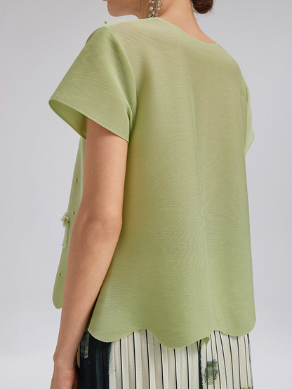 Tassel Floral Pleats Beading V-Neck Top