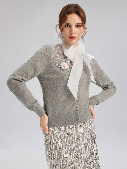 Wool Knit Beaded Cardigan (100% Wool)