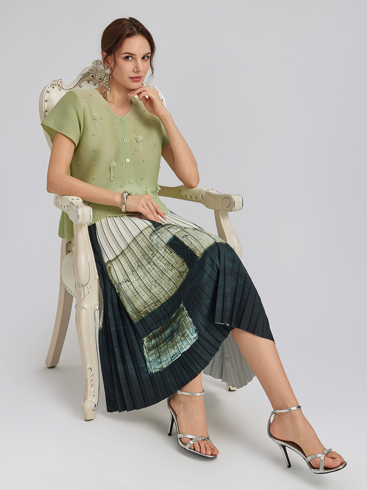 Tassel Floral Pleats Beading V-Neck Top