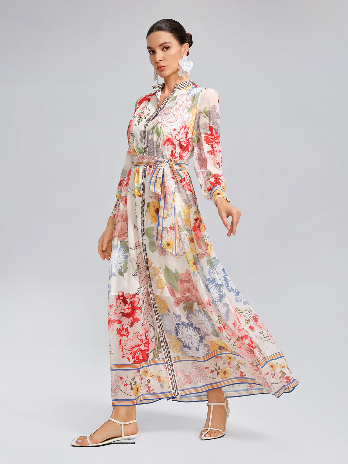 Floral Printed High-Waisted Shirt Dress