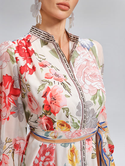Floral Printed High-Waisted Shirt Dress