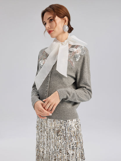 Wool Knit Beaded Cardigan (100% Wool)