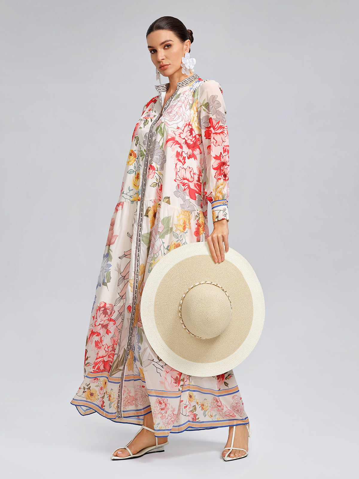 Floral Printed High-Waisted Shirt Dress