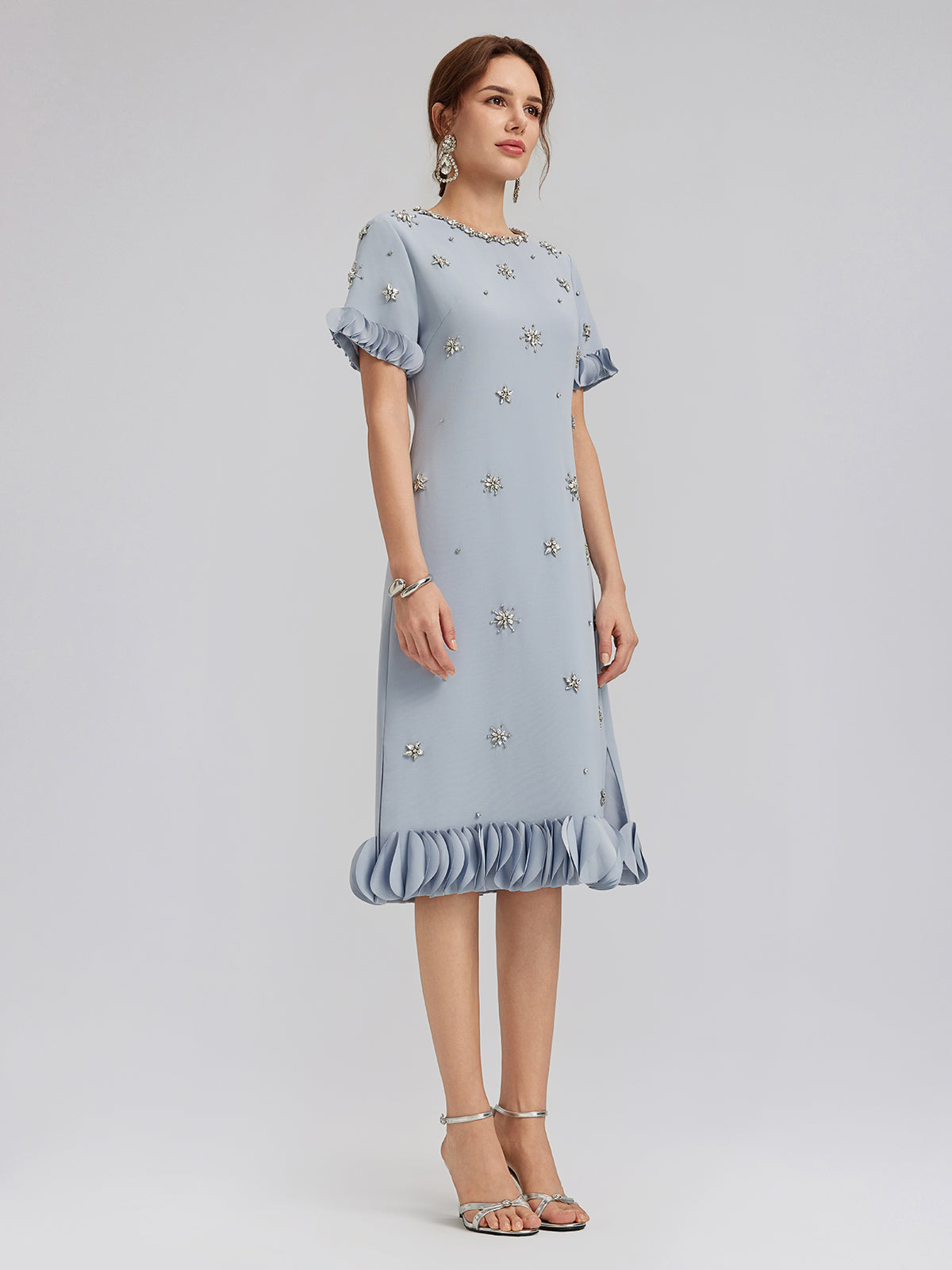 Hand-Sewn Beaded Floral-Trim Dress