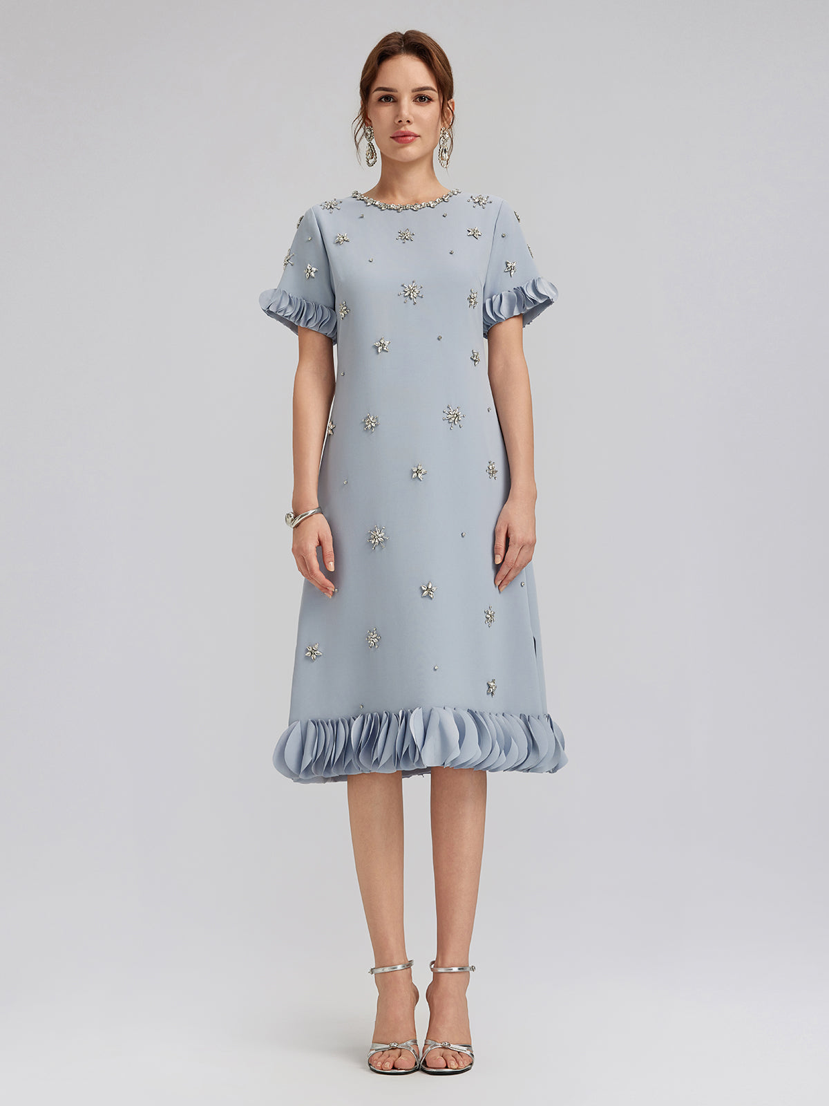 Hand-Sewn Beaded Floral-Trim Dress