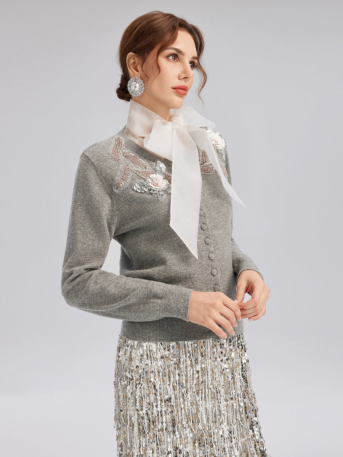 Wool Knit Beaded Cardigan (100% Wool)
